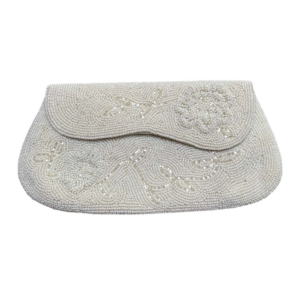 Vintage Magid white bride beaded evening bag envelop clutch purse Made in Japan
